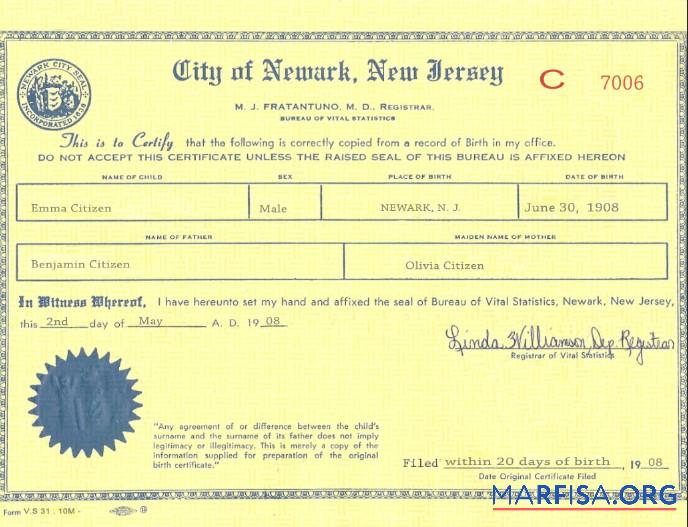 Downloadable USA New Jersey birth certificate sample